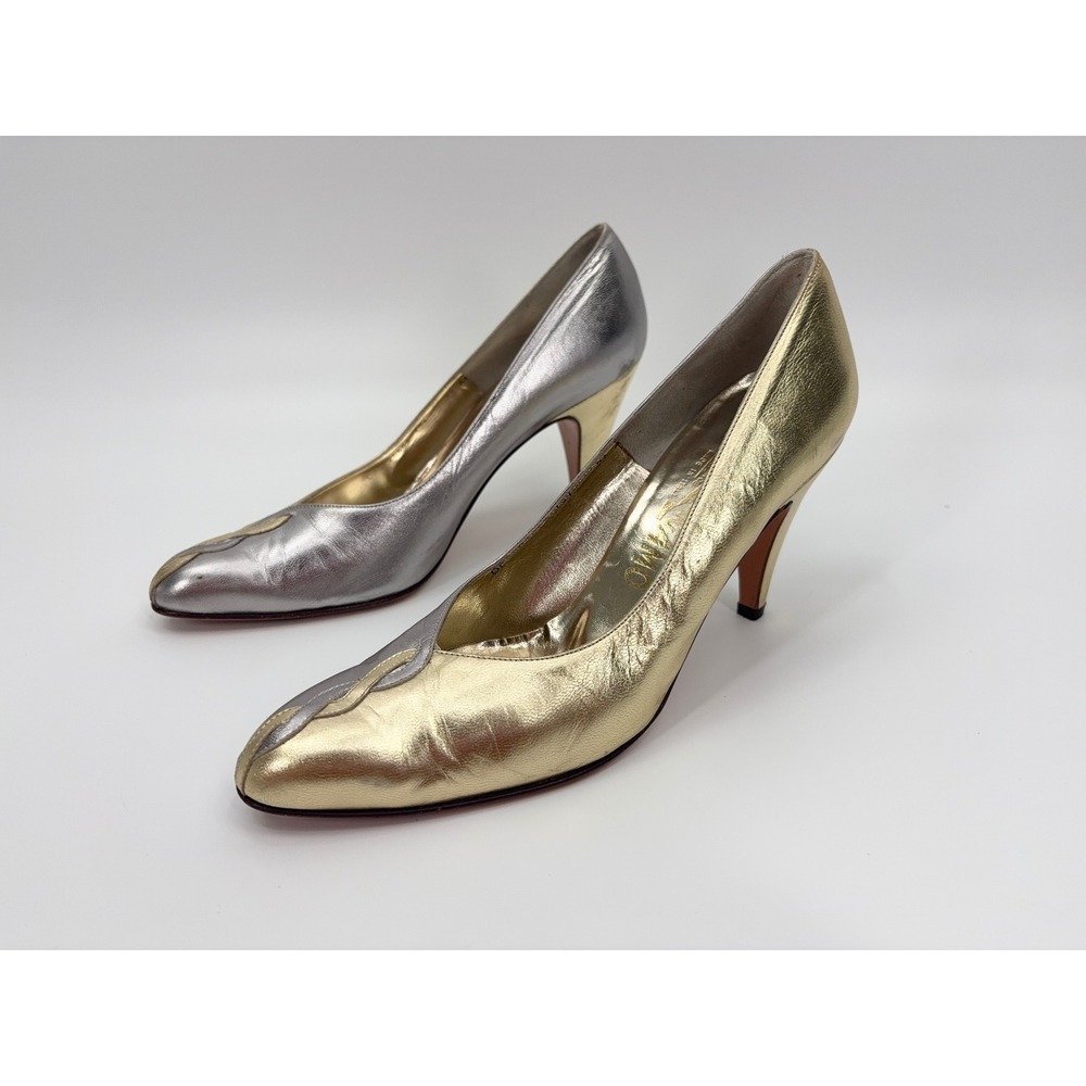 B5 Salvatore Ferragamo Two Tone Leather Pumps 7.5 Gold Silver Metallic Y2K - Picture 4 of 14